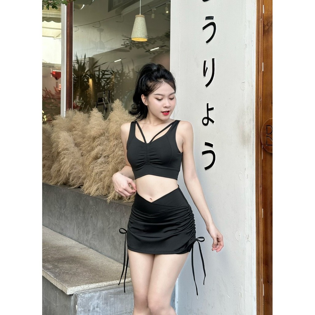 Bộ thể thao tập gym, bộ tập erobic, zumba, shuffer dance váy áo rút dây cạp chéo chất thun poly