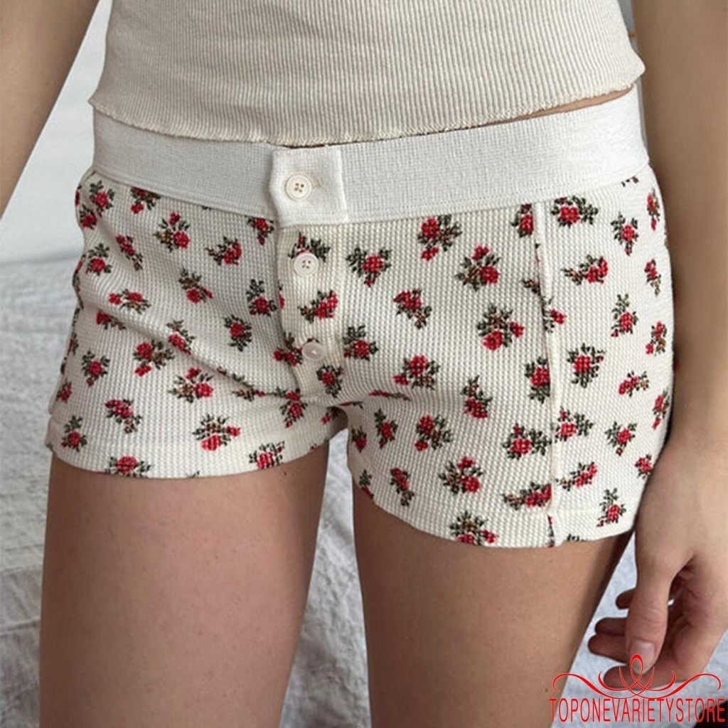 Topone-nữ Lounge Quần Short Eo Thấp Nút Đóng Cửa In Hình Slim Pyjama Quần Short Đồ Ngủ