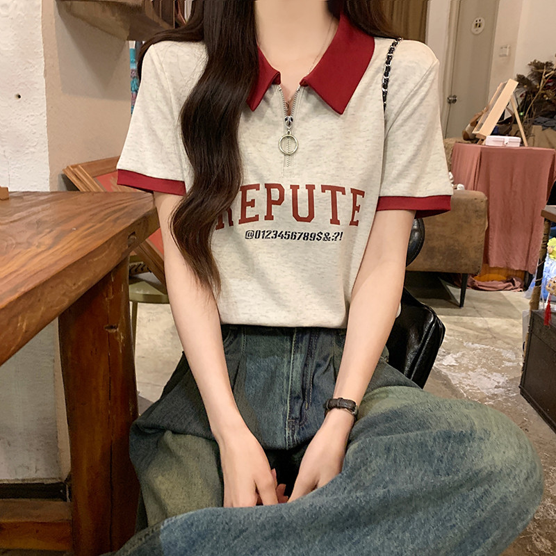 SUXI Retro In Hình Cổ Áo Polo Thường Ngày Đa Năng Phong Cách Hàn Quốc Áo Thun Nữ Tay Ngắn 240320