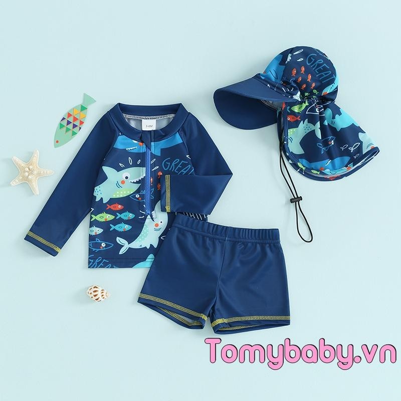 Bé Trai Rash Guard Đồ Bơi Dễ Thương In Hình Cá Dài Tay Zip Up Đồ Bơi Cho Trẻ Sơ Sinh 3 Bộ Đồ Tắm