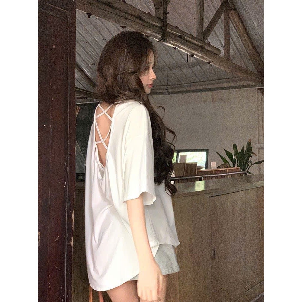 Áo thun nữ mùa hè dáng rộng thiết kế dây đan hở lưng quyến rũ hottrend XIMIMI SP274