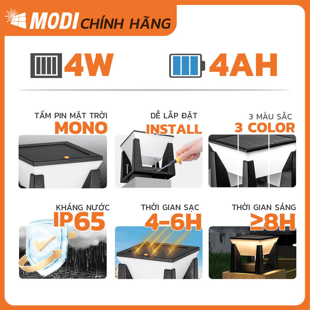 Ảnh Đèn Trụ Cổng Năng Lượng Mặt Trời MODI SOLAR, Đèn LED Hàng Rào Sân Vườn Ngoài Trời Chống Nước 3