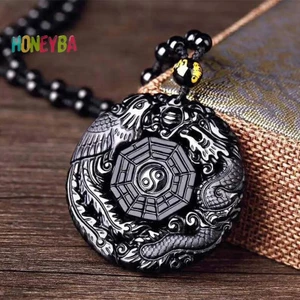 < Honeyba > Đen Tự Nhiên Obsidian Tay Khắc Rồng Trung Quốc Phượng Hoàng Chim Bùa Hộ Mệnh Vòng Cổ BaGua Dành Cho Nữ May Mắn Linh Vật Bùa Mặt Dây Chuyền