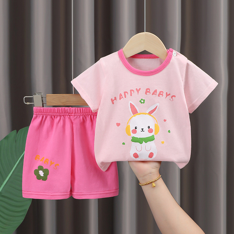 Bộ đồ ngắn tay Cotton nguyên chất dành cho trẻ em Mùa hè phong cách mỏng bé trai bé gái Phiên bản Hàn Quốc Hợp thời trang Thể thao thông thường Bộ đồ hai mảnh thoáng khí phù hợp cho mọi trận đấu OQ