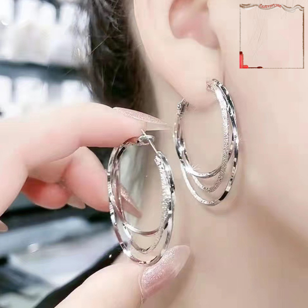 1 Đôi Bông Tai Hình Tròn Cỡ Lớn Nhiều Lớp Lấp Lánh Thời Trang Cho Nữ
