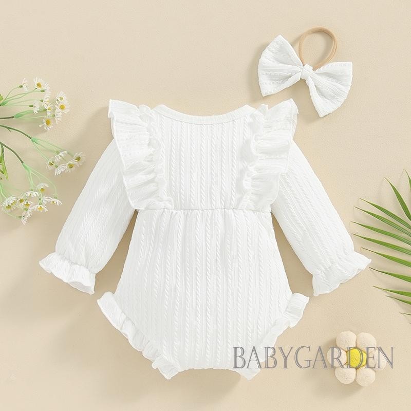 Baga-bộ áo liền quần xếp nếp cho bé gái sơ sinh Áo liền quần dài tay cổ tròn có băng đô