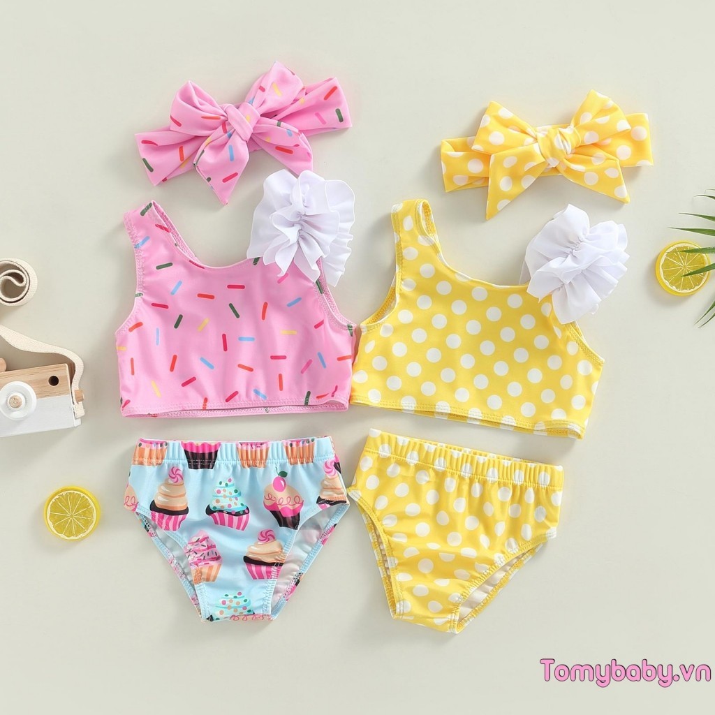 Bé Gái 2 Bộ Đồ Bơi Không Tay Chấm / Cốc In Bánh Áo Đi Biển Mùa Hè + Quần Short Bộ
