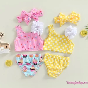 Bé Gái 2 Bộ Đồ Bơi Không Tay Chấm / Cốc In Bánh Áo Đi Biển Mùa Hè + Quần Short Bộ