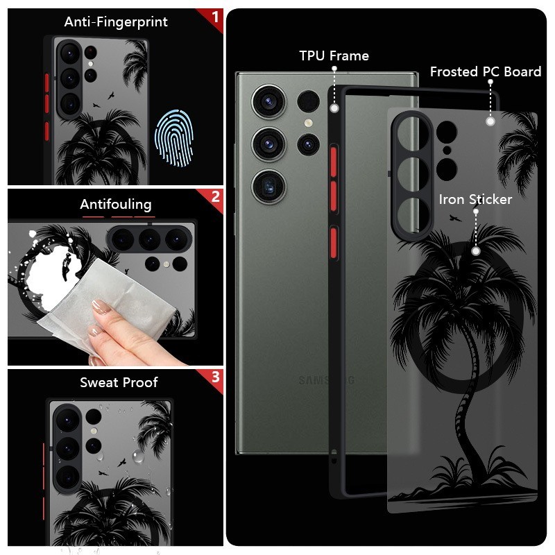 Ốp điện thoại Họa Tiết Cọ Dừa Từ Tính Cho Samsung Galaxy S24 S23 S22 Ultra S22 Plus S23 S21 S20 FE Sang Trọng Mỏng Cứng PC Mặt Sau Matte Cover