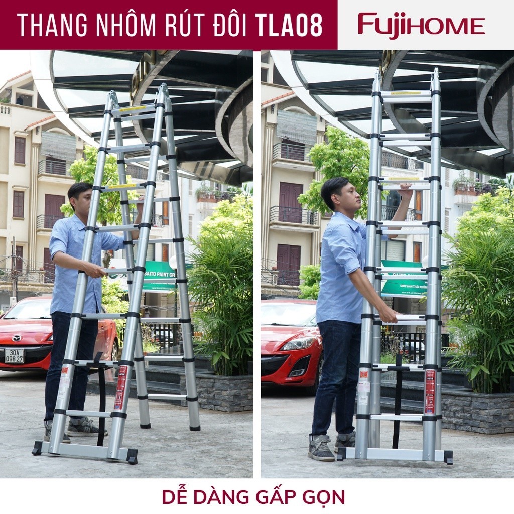 Thang nhôm rút đôi chữ A gấp gọn 4,4M - 5M FUJIHOME Nhập khẩu, thang rút đôi xếp gọn đa năng khoá chốt tự động an toàn