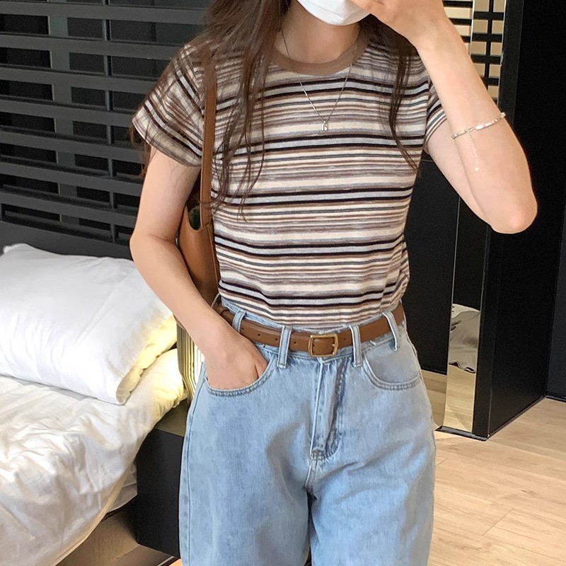 Suxi - Áo thun ngắn tay cổ tròn sọc cổ tròn phong cách Hàn Quốc phong cách Hàn Quốc hàng đầu dành cho nữ 240405