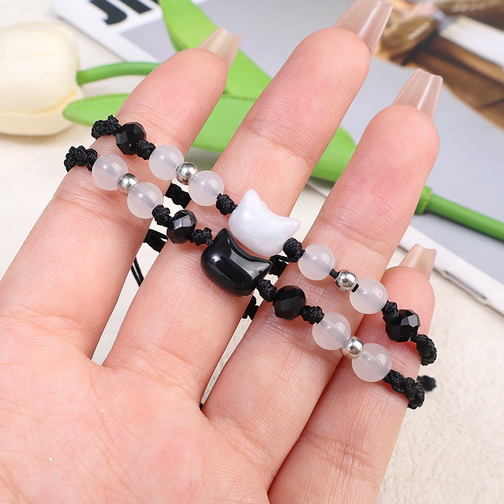 [3-5 ngày để đến] Vòng tay cặp đôi mèo trắng đen - Quà tặng người yêu ngày lễ tình nhân - Có thể điều chỉnh, thời trang, đơn giản, dễ thương - Dây tay đính cườm mặt trăng - Trang sức nam nữ