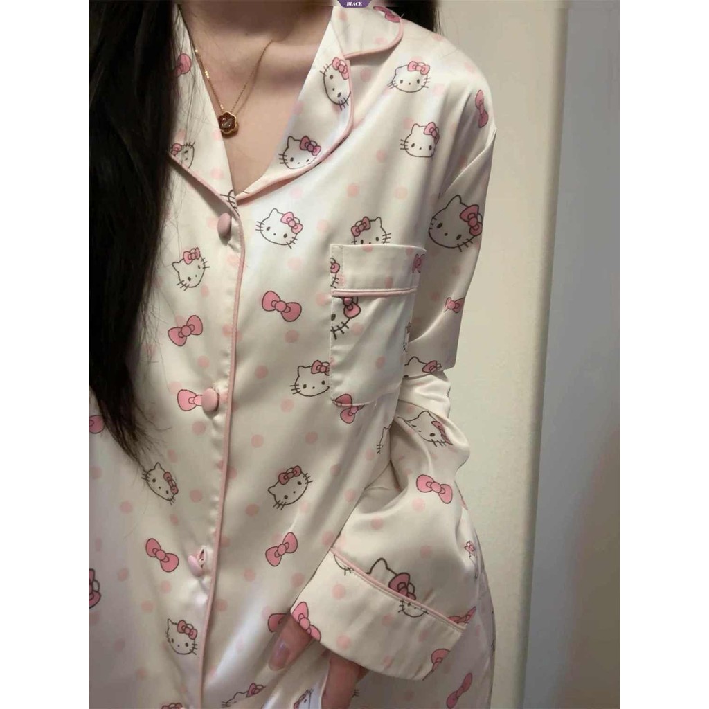 Sweet Pink Polka Dot Hellokitty Bộ Đồ Ngủ Nữ Xuân Thu Mới Quần Dài Tay Bộ Đồ Quần Áo Gia Đình [BL]