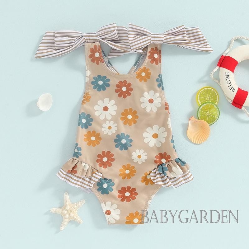 Baga-1-6 Tuổi Bé Gái Đồ Bơi In Hoa Nơ Dây Đeo Vai Đi Biển Không Tay Xù Đi Biển Mùa Hè Đi Biển Bộ Đồ Tắm