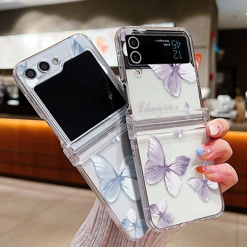 Ốp lưng hình con bướm dễ thương cho Samsung Galaxy Z Flip 5 Z Flip 4 Z Flip 3 Bản lề đầy đủ Bảo vệ chống sốc trong suốt Vỏ điện thoại Samsung Z Flip5 Flip4 Flip3