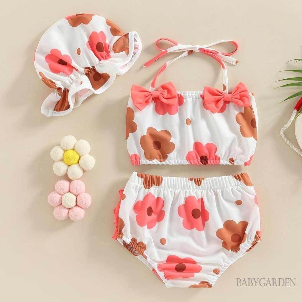 Baga-0-24 Tháng Tuổi Bé Gái 3 Bộ Bikini In Hoa Dây Áo + Quần Short + Mũ Bơi Đồ Bơi