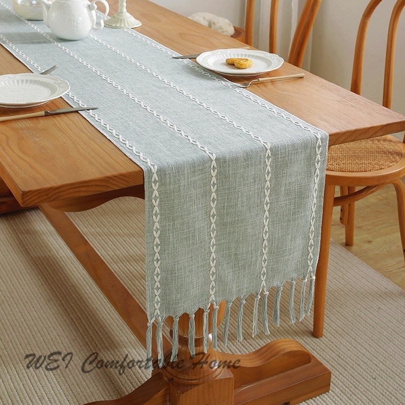 Sọc Màu Trơn Bàn Á Quân Vải Lanh Cotton Handmade Tua Rua Bàn Cà Phê Bàn Vải Nhà Khăn Trải Bàn Dài