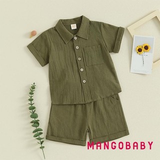 Mg-toddler Bé Trai Mùa Hè Cotton Vải Lanh Trang Phục Màu Trơn Tay Ngắn Nút Xuống Áo Sơ Mi Có Quần Short