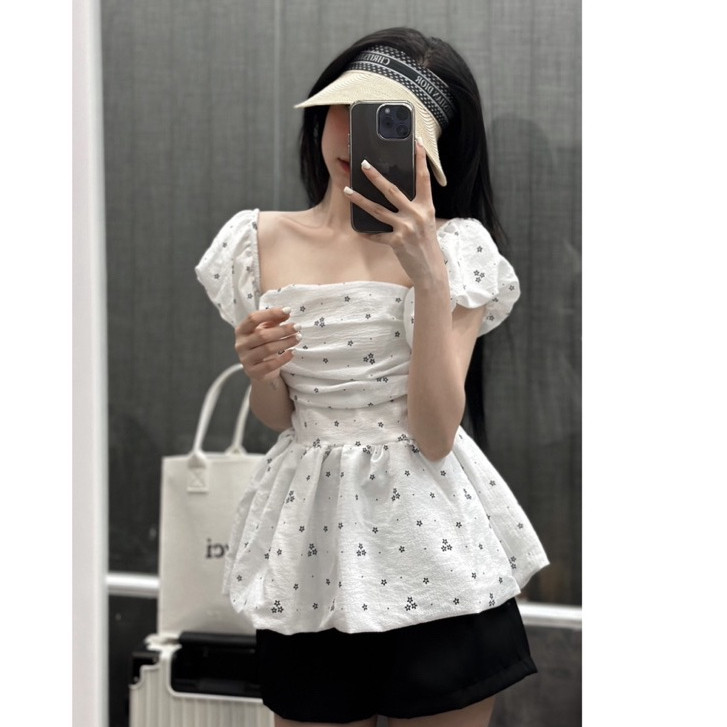 (Có Big Size) Áo Trễ Vai Nữ Tay Bồng Hoa Nhí 2 Lớp Chất Đũi Xốp Mềm Phong Cách Hàn Quốc Đáng Yêu - AO0119
