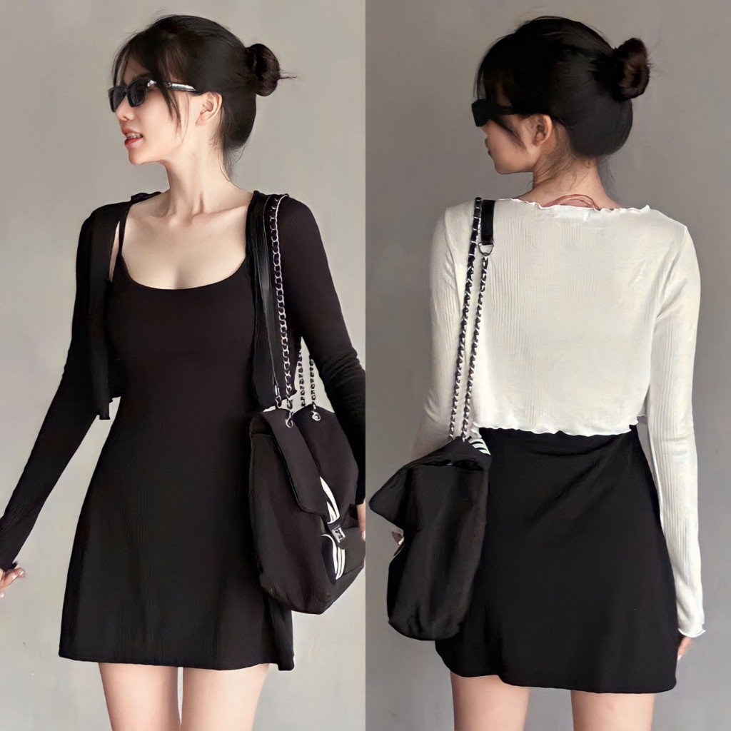 BARE_(Có size) Đầm hai dây nữ form ngắn xòe nhẹ kèm quần trong chất thun gân trung mềm mát phong cách đơn giản - Đ017