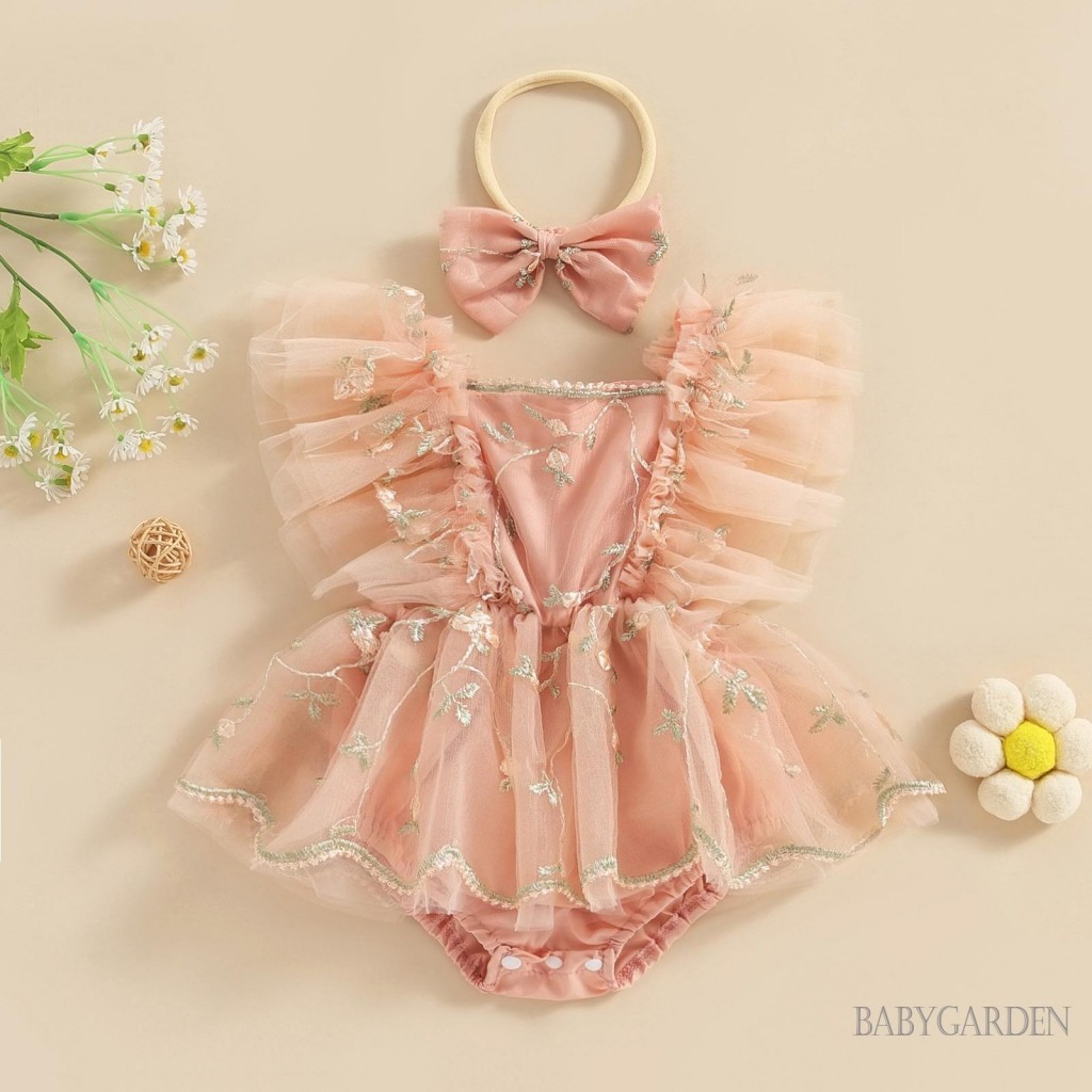 Baga-baby Bé Gái Áo Liền Quần Tay Bay Cổ Vuông Thêu Hoa Tulle Áo Liền Quần Cho Trẻ Sơ Sinh Có Nơ Băng Đô
