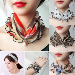 Khăn Lụa Vàng Thanh Lịch Và Thời Trang Với Tai Gỗ Ngọc Trai Khăn Quàng Cổ Thay Đổi Ren Vàng Khăn Quàng Cổ Thời -GIOVA