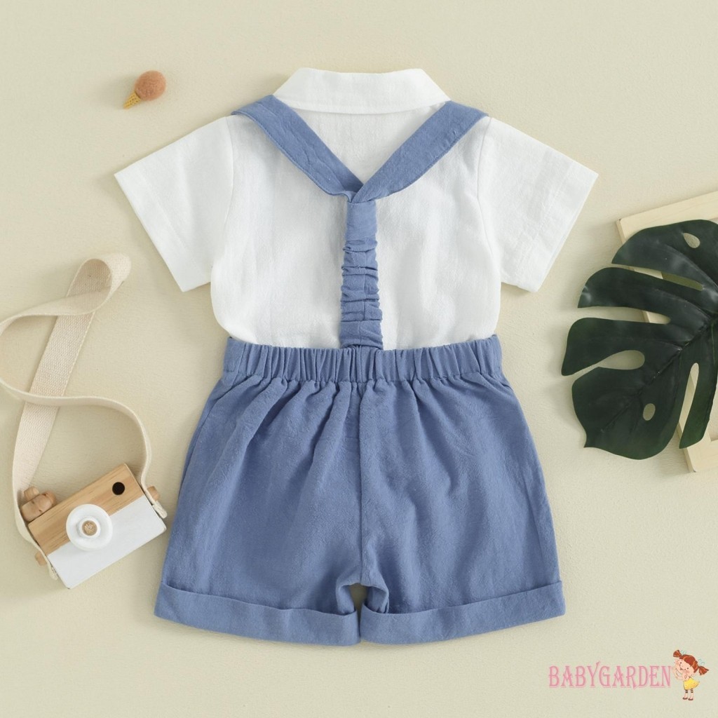 Baga-0-24 tháng tuổi Bộ quần áo quý ông bé trai màu trơn Áo liền quần ngắn tay có dây buộc nơ và quần yếm Quần Short mặc trang trọng