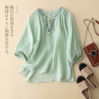 Nguyên Bản Cotton Và Vải Lanh Thêu Cổ Chữ V Ba Phần Tư Áo Sơ Mi Nữ Thoải Mái Mềm Mại Áo Sơ Mi Mới Cổ Phối Phối Ren Mùa Hè Top