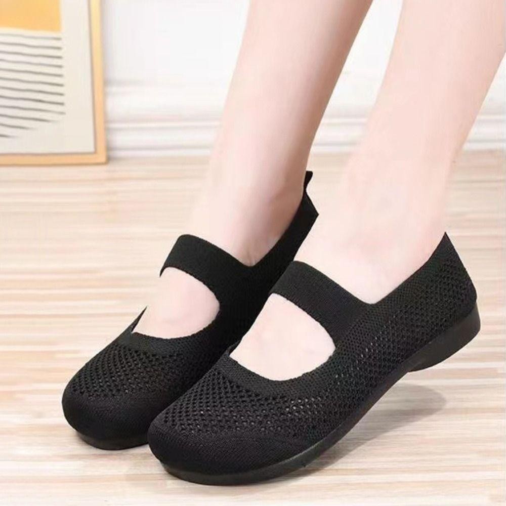 Giày nữ OUSXA đế bằng, mũi vuông thoáng khí, đế mềm lưới mùa hè, slip-on lười cho mẹ, phong cách thường ngày