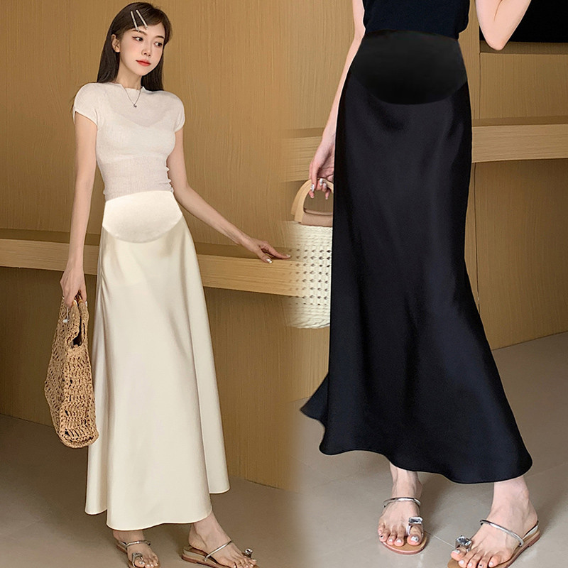 Váy Bà Bầu 2024 Phong Cách Mới Pháp Retro Satin Bánh Mì Mông Ôm Hơn Nhìn Đuôi Cá Váy Dài Bà Bầu Đáy