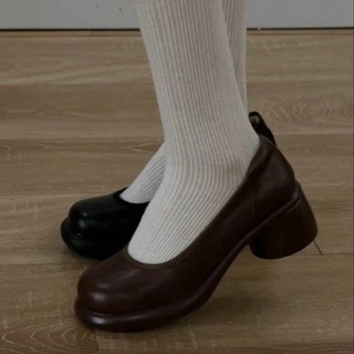 Giày cao gót mũi tròn chunky cho nữ, giày slip-on miệng nông, chống nước, đế bệt