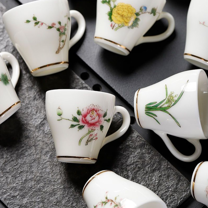 ✨Trà gốm chống bỏng da lộn Jade Cốc trà gia đình phong cách Trung Quốc có tay cầm Cốc nước
