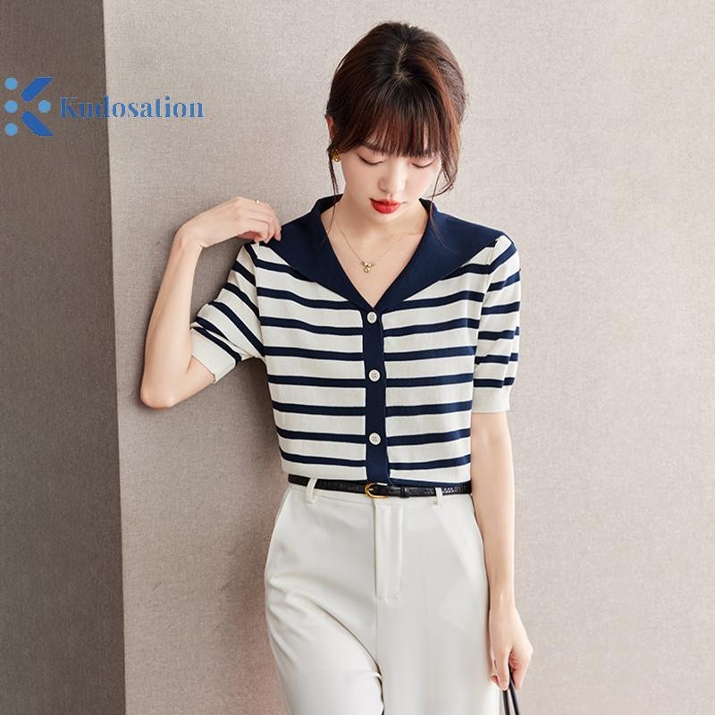 Kudosation Nữ Áo Cổ Hải Quân Màu Sọc Tay Ngắn Cổ Chữ V Áo Thun Đẹp
