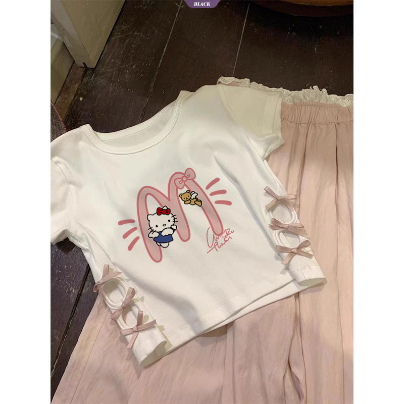 Áo thun ngắn tay vai tích cực Hello Kitty màu trắng Nữ mùa hè mới Mẫu ngắn mỏng mỏng nơ rỗng [BL]