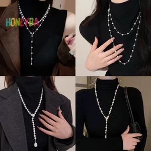 < Honeyba > Thời Trang Nữ Trang Sức Hạt Ngọc Trai Vòng Cổ Áo Len Dài Dây Chuyền Vòng Cổ Cho Nữ Đầm Phụ Kiện Quà Tặng