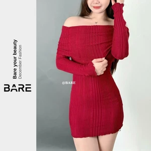 "Vải Len Gân" Đầm Ôm Body Nữ Trễ Vai Tay Dài Quyến Rũ, Đầm Noel Cho nữ_D02