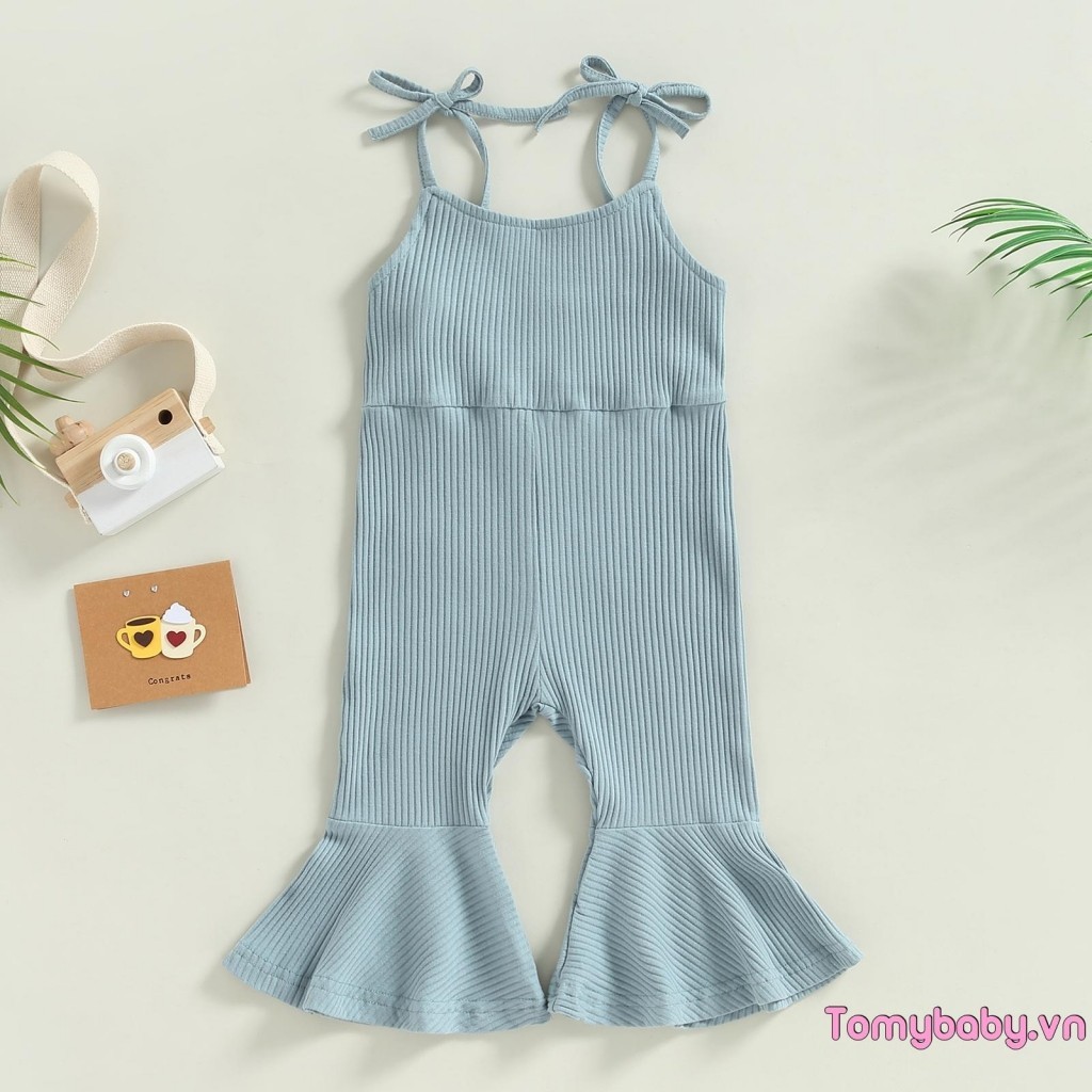 Bộ áo liền quần mùa hè cho bé gái mới biết đi Dây buộc không tay có gân Romper Bell Đáy cho trẻ sơ sinh