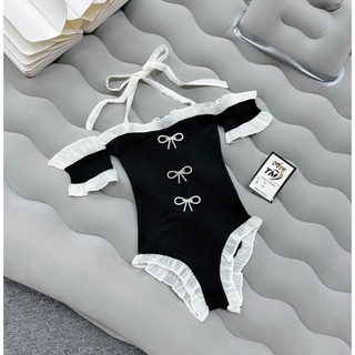 10-30kg (tặng tag nơ) Bikini 1 mảnh đen tay bèo sang chảnh cho bé gái, đồ bơi cho bé