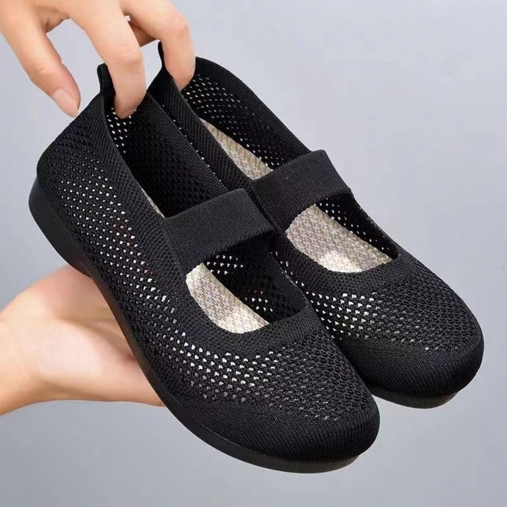 Giày nữ OUSXA đế bằng, mũi vuông thoáng khí, đế mềm lưới mùa hè, slip-on lười cho mẹ, phong cách thường ngày