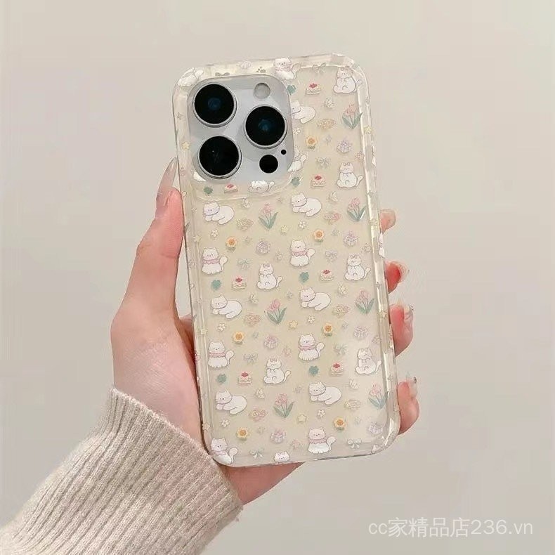 Ốp lưng hình mèo hoa hướng dương hoạt hình tương thích với iPhone 14 15 Pro Max 16 mẫu mới 13 bảo vệ toàn diện 12 cho phụ nữ
