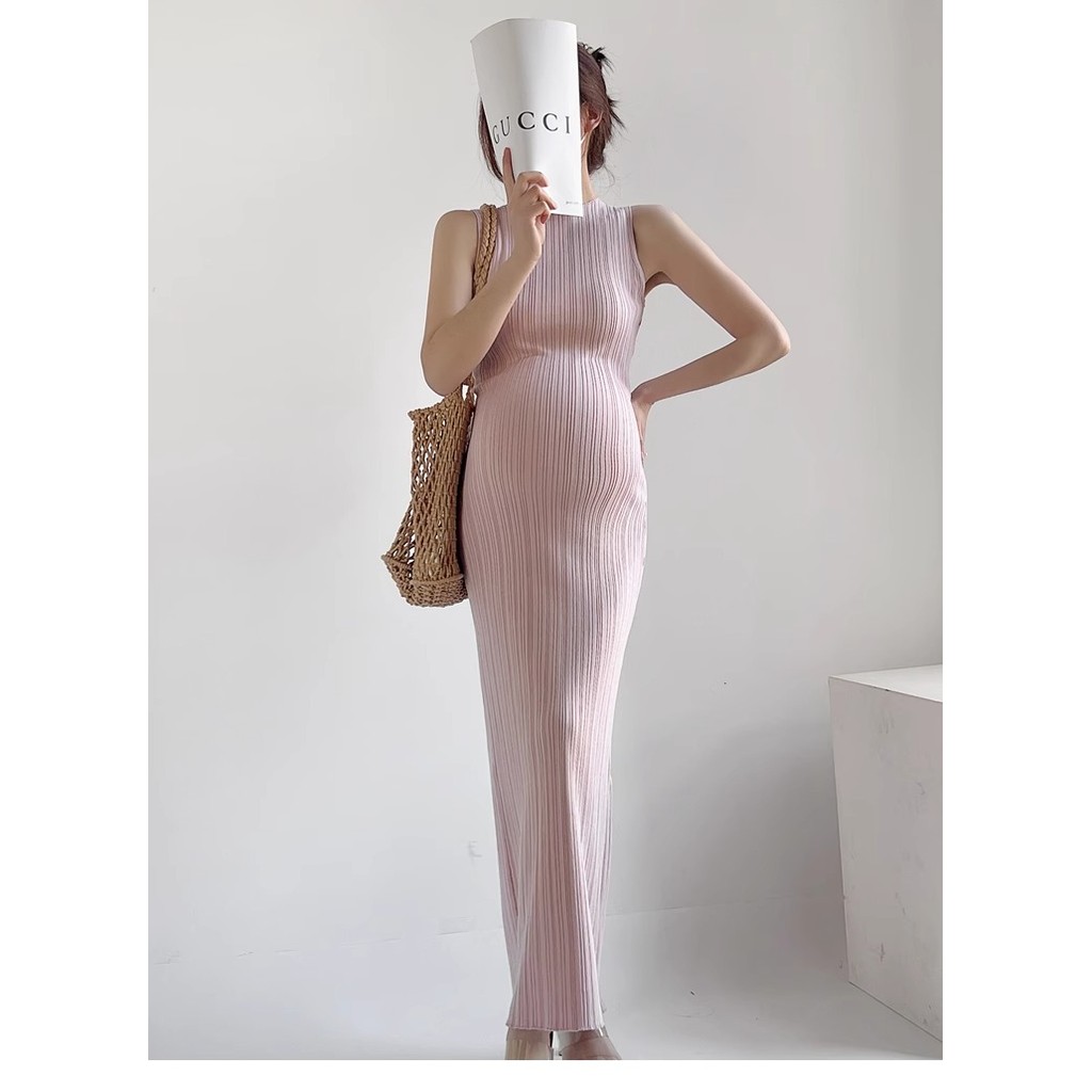 Trang phục bà bầu Mùa hè Phong cách mới Influencer Tính khí dệt kim xẻ lưng Slim @ -