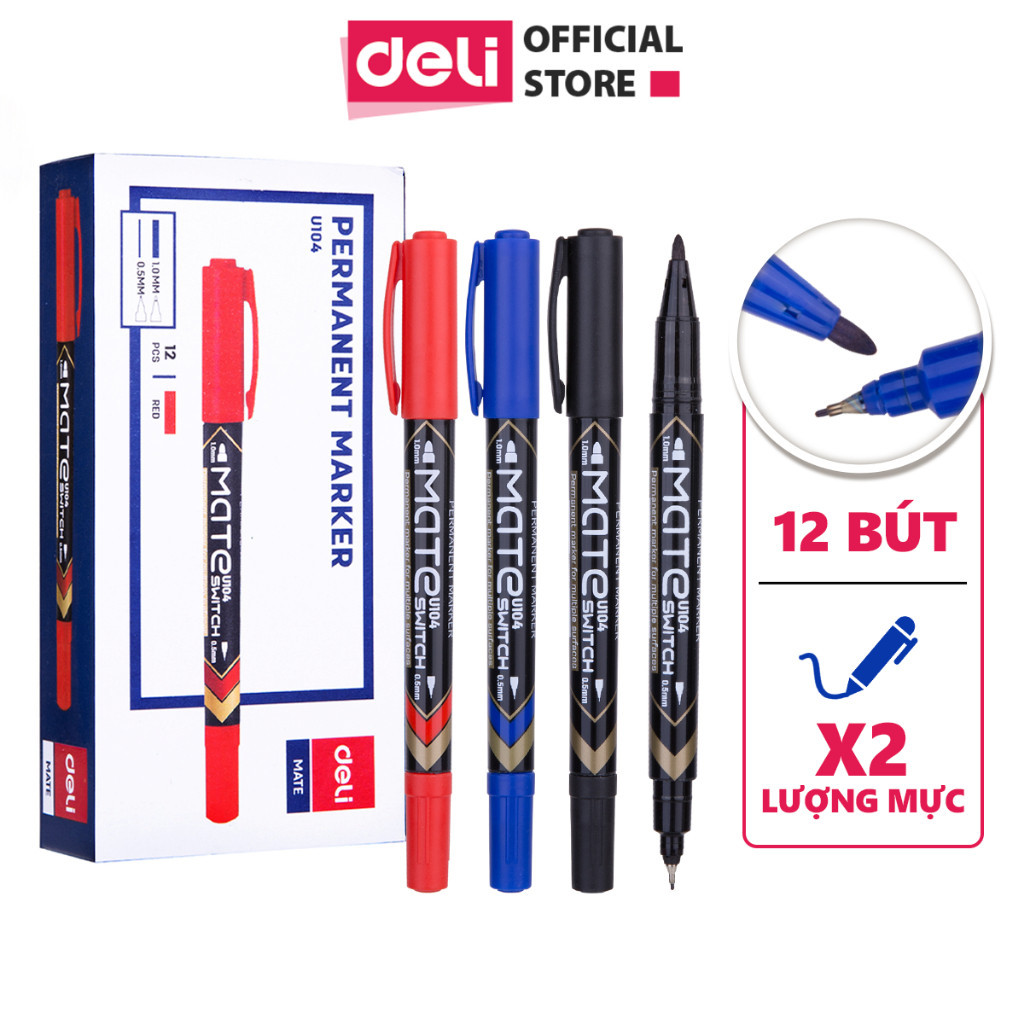 [Tặng 2 bút] Combo 10 Bút Dạ Dầu 2 Đầu Chính Hãng Deli, Mực Không Trôi, Viết Trên Nhiều Bề Mặt, 3 Màu Xanh Đen Đỏ có LẺ