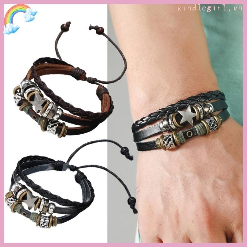 Vua Vintage Vòng tay da nhiều lớp Punk ngôi sao đính hạt, trang sức quấn cho nữ
