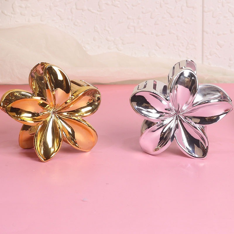 [Yunyuan] Kẹp hoa trứng vàng và bạc 8cm Châu Âu và Mỹ dành cho nữ mới Màu kim loại chảy năm cánh hoa Phụ kiện tóc