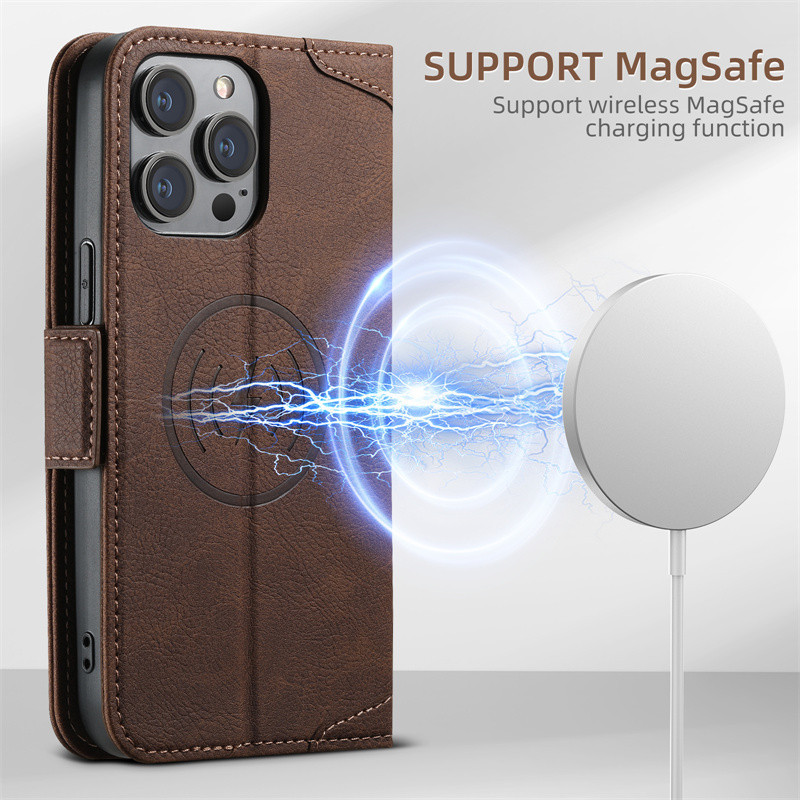 Ốp điện thoại sạc không dây bằng da lật cho IPhone 16 15 14 Plus 13 Pro Max Ví có giá đỡ thẻ Bảo vệ Vỏ chống sốc bảo vệ