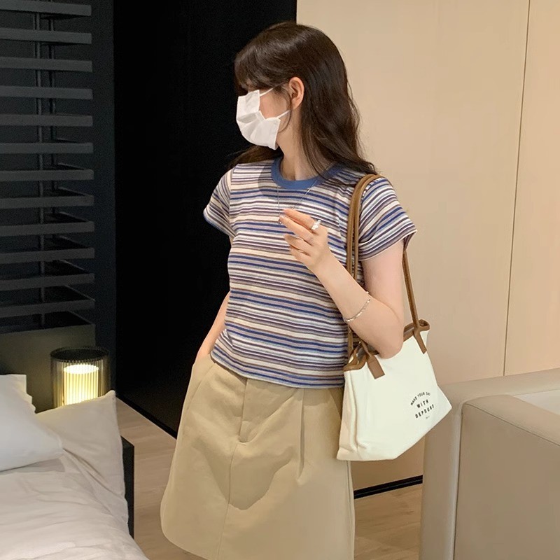 Suxi - Áo thun ngắn tay cổ tròn sọc cổ tròn phong cách Hàn Quốc phong cách Hàn Quốc hàng đầu dành cho nữ 240405