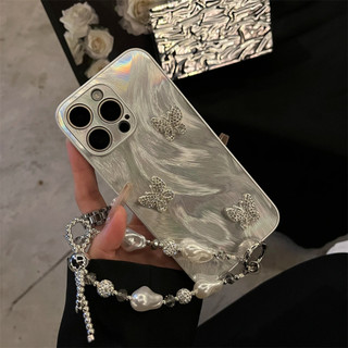 Sang Trọng Laser Glitz Feather + Bướm Mặt Dây Chuyền Dành Cho iPhone15 Pro Max 14 13 12 11 Pro Max Chống Sốc Bảo Vệ Camera Mặt Sau Cứng Mờ iPhone