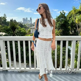 Trang phục ren nữ không tay cổ tròn có cổ áo với váy Midi eo thấp Trang phục mùa hè