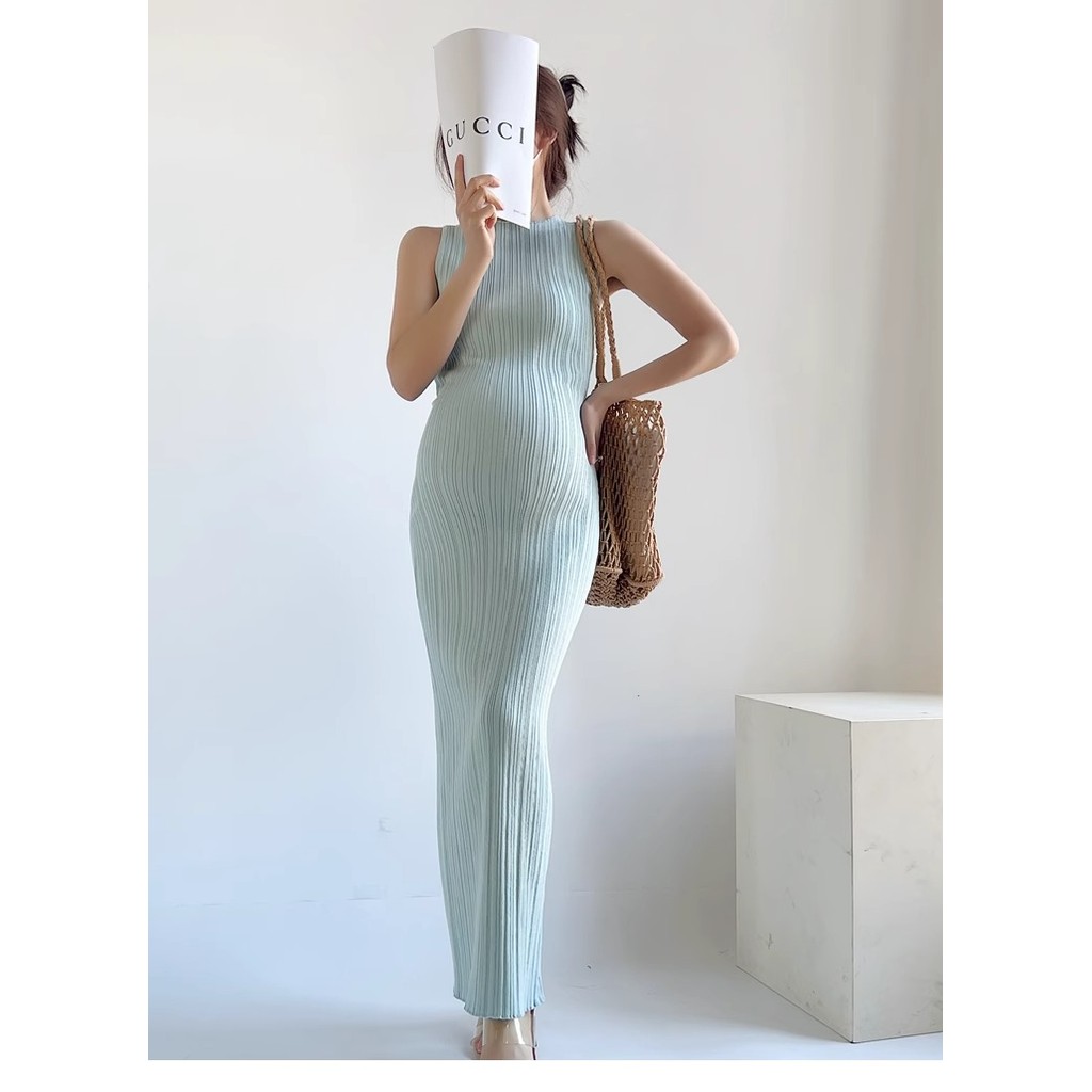 Trang phục bà bầu Mùa hè Phong cách mới Influencer Tính khí dệt kim xẻ lưng Slim @ -
