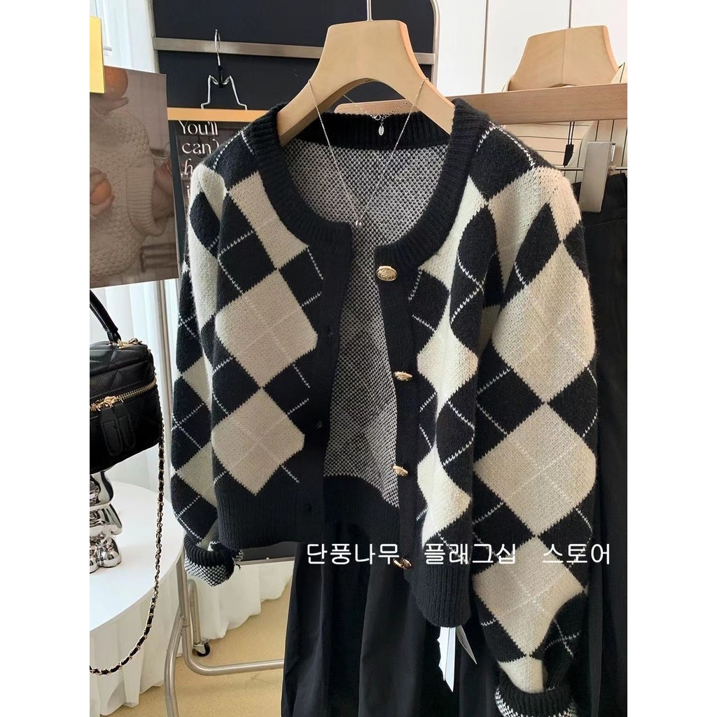 Lingge Áo Len Nữ Mới Nhẹ Nhàng Retro Đa Năng Tương Phản Áo Cardigan Dệt Kim Ngắn